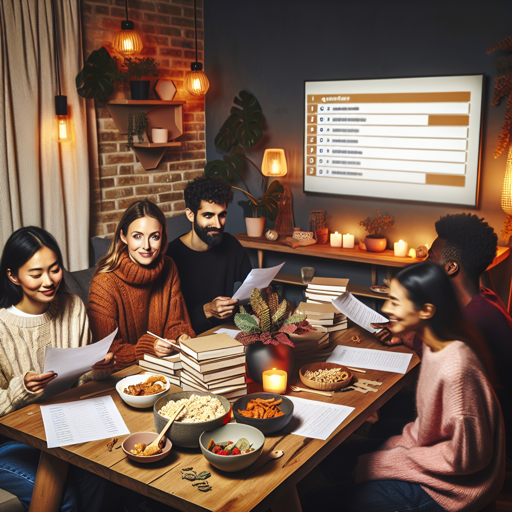 Varm og innbydende quizkveld hjemme: venner rundt et bord, papirer og skjerm med spørsmål, små matretter og dekorative detaljer, moderne nordisk stil, myk belysning