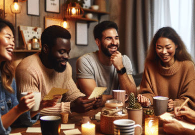 Koselig stue hvor venner deltar i en quizrunde: papirnotater, kaffekopper, varm belysning, moderne nordisk interiør, vennlig stemning