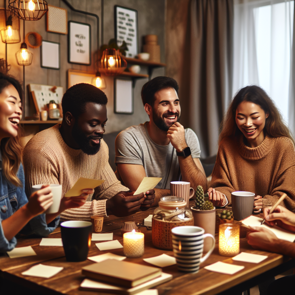 Koselig stue hvor venner deltar i en quizrunde: papirnotater, kaffekopper, varm belysning, moderne nordisk interiør, vennlig stemning