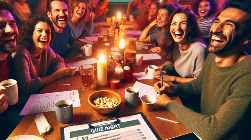 En livlig quizkveld: glade mennesker rundt bord, spørsmål på skjerm, pappark, kaffekopper og små premier, varm stemning og fargerik belysning