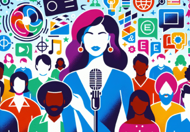 Moderne, fargerikt bilde av en quizvert med mikrofon foran et publikum, ikoner for film, bøker og språk svever rundt, stilisert og energisk