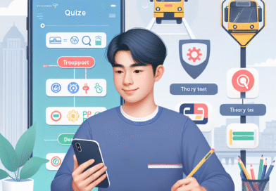 Beste quizene og tips for å bestå teoriprøven og få førerkort Et moderne, lyst og informativt bilde av en ung voksen som øver på teoriprøven på en mobiltelefon, med et kollektivt trafikkskilt i bakgrunnen og quiz-elementer på skjermen