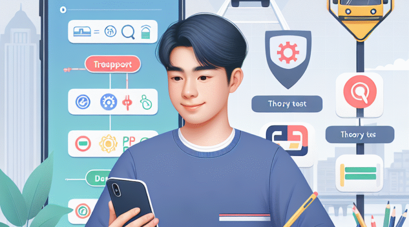 Et moderne, lyst og informativt bilde av en ung voksen som øver på teoriprøven på en mobiltelefon, med et kollektivt trafikkskilt i bakgrunnen og quiz-elementer på skjermen
