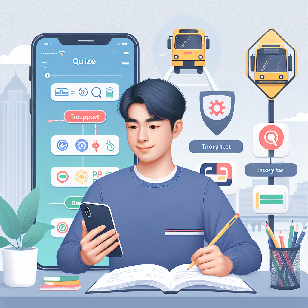 Et moderne, lyst og informativt bilde av en ung voksen som øver på teoriprøven på en mobiltelefon, med et kollektivt trafikkskilt i bakgrunnen og quiz-elementer på skjermen