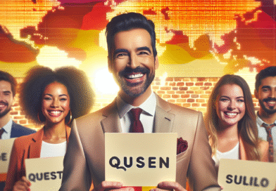 Verdensgeografi for quizverter: ideer, spørsmål og strategier En moderne quizvert foran et stort verdenskart, med spørsmålskort og glade deltakere i bakgrunnen, varme farger og klar typografi