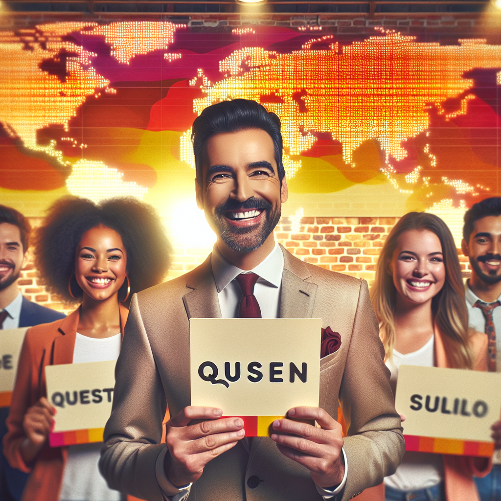 En moderne quizvert foran et stort verdenskart, med spørsmålskort og glade deltakere i bakgrunnen, varme farger og klar typografi