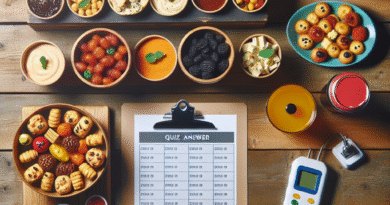 Festlig quizkveld-bord med små smaksprøver, fargerike dipper, drikkeflasker, quizark og buzzer på et trebord, varm stemning, overhead-perspektiv