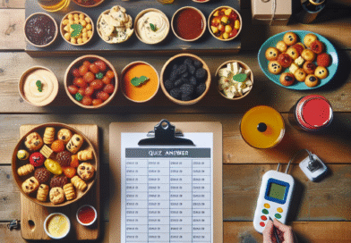 Festlig quizkveld-bord med små smaksprøver, fargerike dipper, drikkeflasker, quizark og buzzer på et trebord, varm stemning, overhead-perspektiv