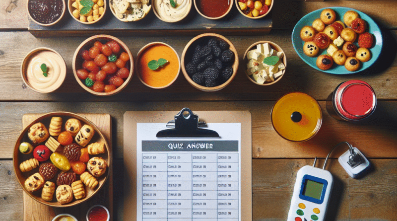 Festlig quizkveld-bord med små smaksprøver, fargerike dipper, drikkeflasker, quizark og buzzer på et trebord, varm stemning, overhead-perspektiv