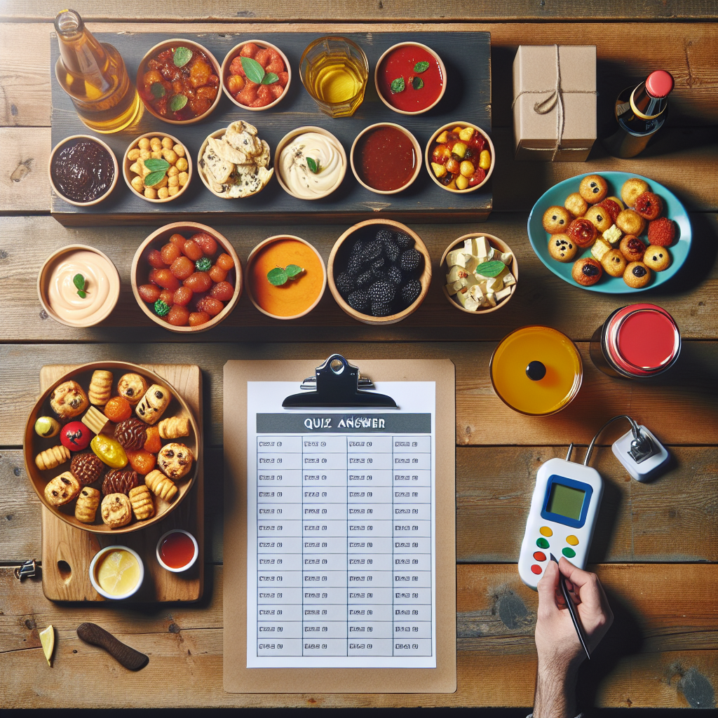 Festlig quizkveld-bord med små smaksprøver, fargerike dipper, drikkeflasker, quizark og buzzer på et trebord, varm stemning, overhead-perspektiv