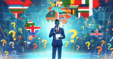 Fargerikt bilde av en quizvert foran et verdenskart med flagg, spørsmålstegn og publikum, moderne og energisk, høy oppløsning