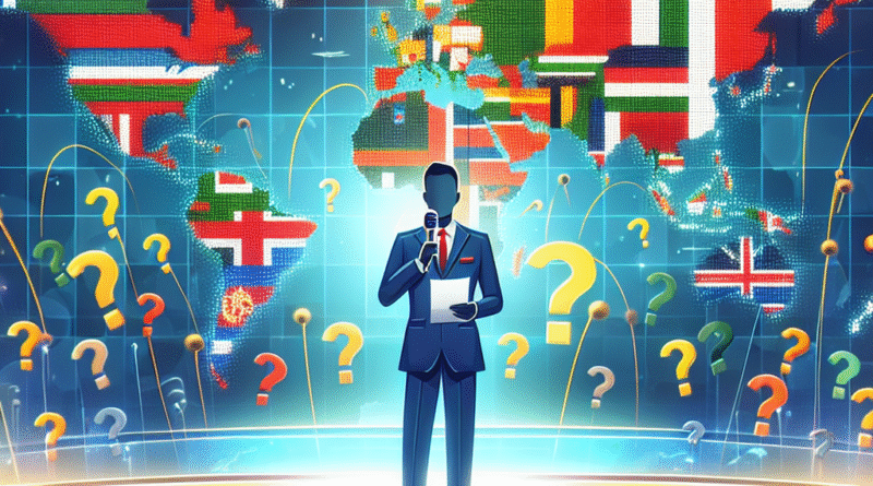 Fargerikt bilde av en quizvert foran et verdenskart med flagg, spørsmålstegn og publikum, moderne og energisk, høy oppløsning