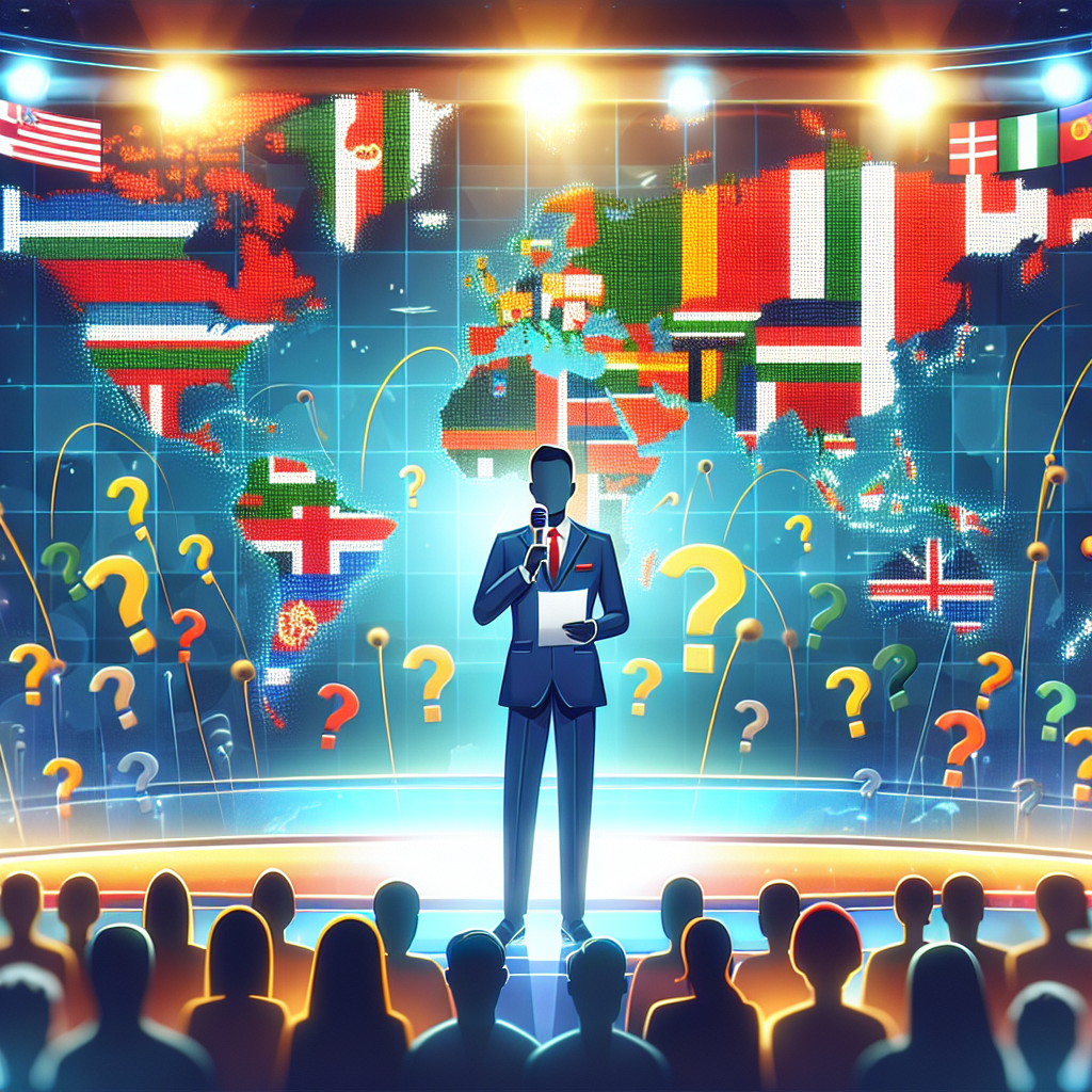 Fargerikt bilde av en quizvert foran et verdenskart med flagg, spørsmålstegn og publikum, moderne og energisk, høy oppløsning