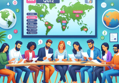 Et fargerikt quiz-arrangement med verdenskart i bakgrunnen, quizzere rundt et bord, varierte spørsmålskort og en prosjektor som viser en quizrunde