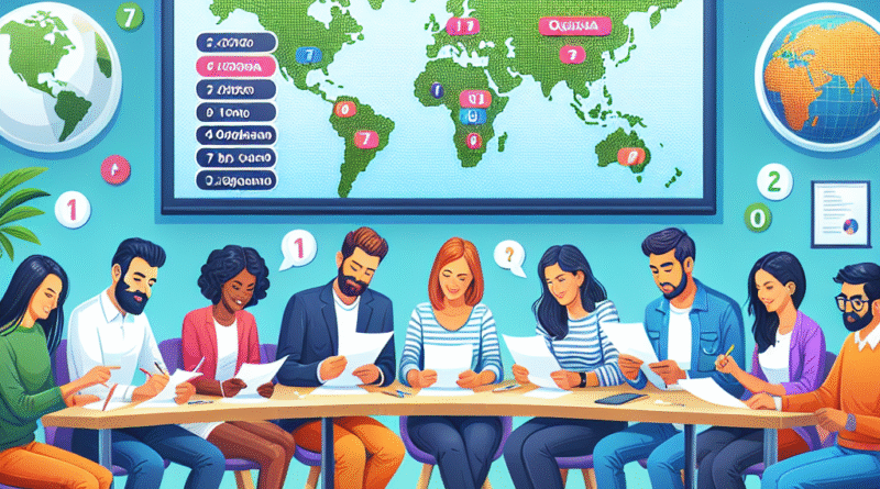 Et fargerikt quiz-arrangement med verdenskart i bakgrunnen, quizzere rundt et bord, varierte spørsmålskort og en prosjektor som viser en quizrunde