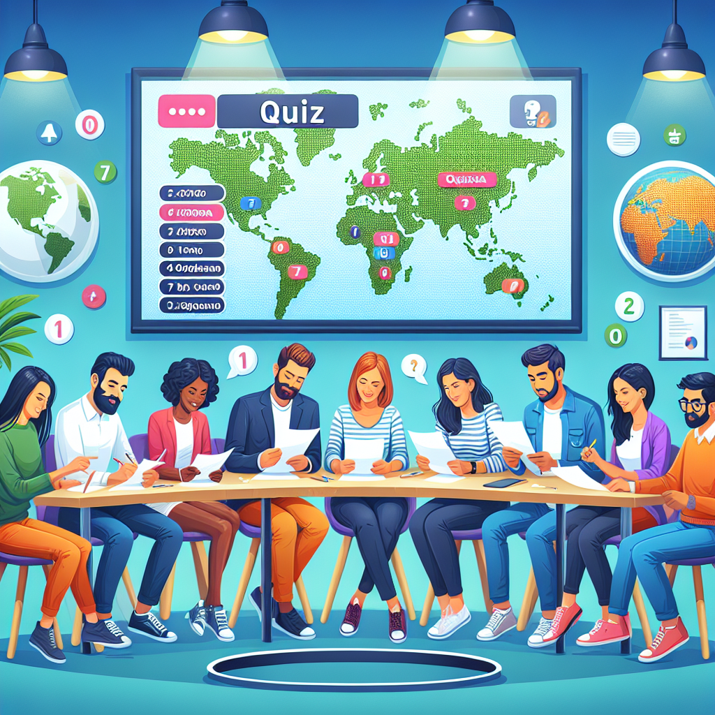 Et fargerikt quiz-arrangement med verdenskart i bakgrunnen, quizzere rundt et bord, varierte spørsmålskort og en prosjektor som viser en quizrunde