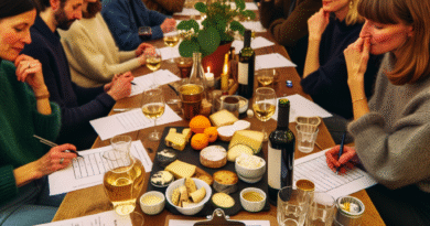 En livlig quizkveld med fokus på mat og drikke: folk rundt et bord med quizark, små smaksprøver, oste- og brødfat, vin- og kaffeprøver, varm stemning og små lapper med spørsmål