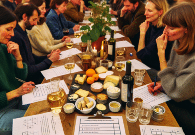 En livlig quizkveld med fokus på mat og drikke: folk rundt et bord med quizark, små smaksprøver, oste- og brødfat, vin- og kaffeprøver, varm stemning og små lapper med spørsmål