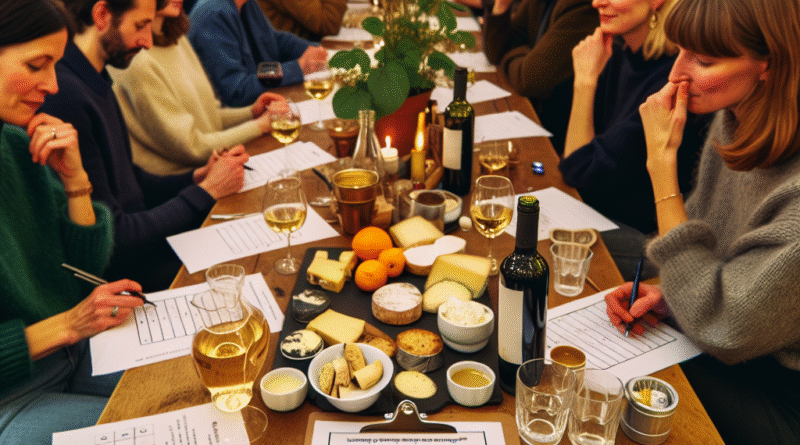 En livlig quizkveld med fokus på mat og drikke: folk rundt et bord med quizark, små smaksprøver, oste- og brødfat, vin- og kaffeprøver, varm stemning og små lapper med spørsmål