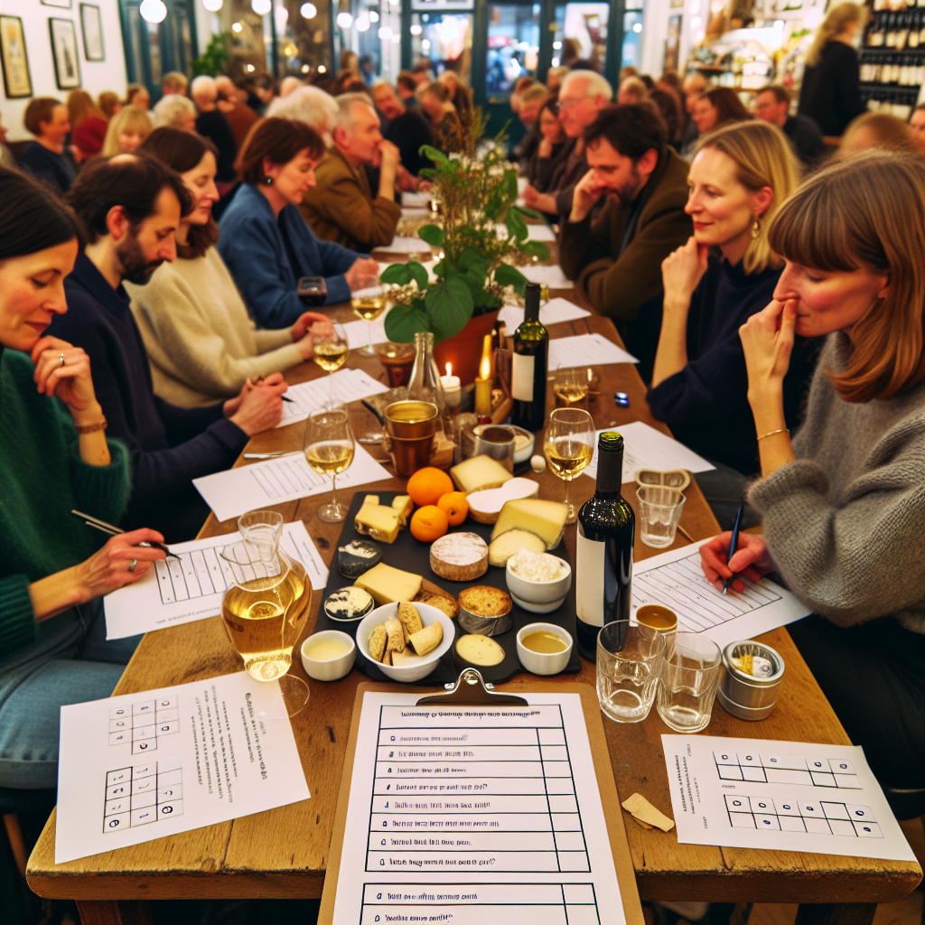 En livlig quizkveld med fokus på mat og drikke: folk rundt et bord med quizark, små smaksprøver, oste- og brødfat, vin- og kaffeprøver, varm stemning og små lapper med spørsmål