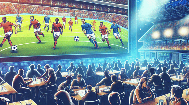 En livlig quizkveld med sportsbilder på skjerm, deltakere som løser spørsmål ved bord, notatark, penn og en stemningsfull pub- eller klubbsetting